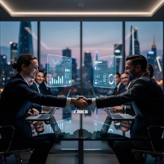 Professional handshake sealing a partnership deal in a modern agency boardroom