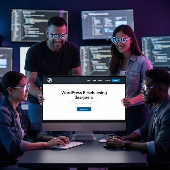 Team of WordPress web designers and developers collaborating in a modern office.