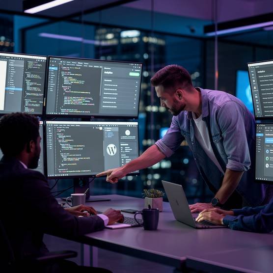 Team of WordPress web designers collaborating in a modern office, surrounded by glowing screens with blue and purple light