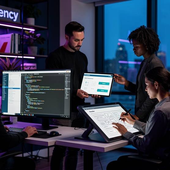 Web developers and a WordPress designer collaborating on website development in a modern office.