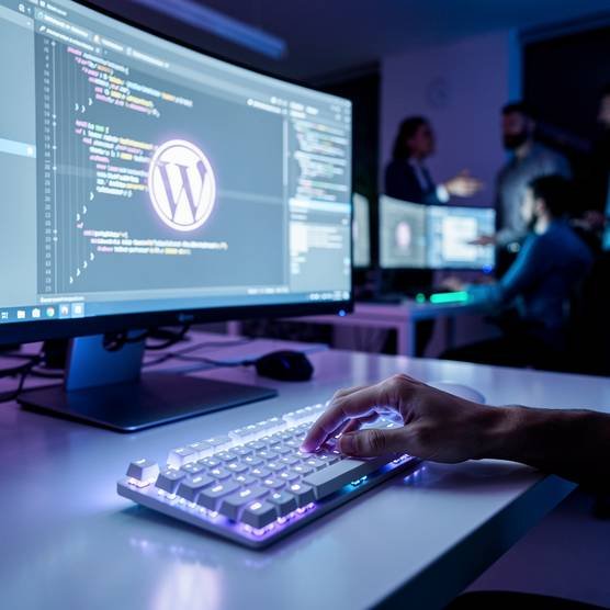 A web designer's hands typing at a glowing keyboard with multiple monitors displaying design elements, representing online presence and WordPress web design.