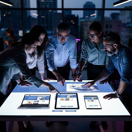 Web designers collaborating on a responsive WordPress website design on a large interactive screen in a modern office, showcasing mobile compatibility.