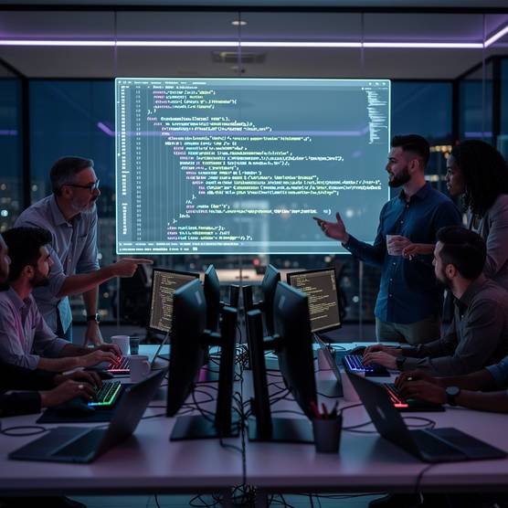 A professional WordPress web development agency team collaborates in a modern office, focusing on website enhancement and user experience.