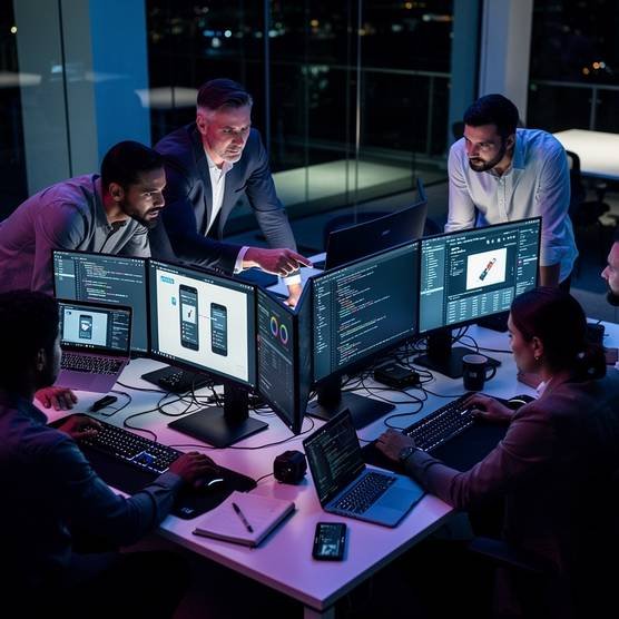 A diverse team of web developers collaborating in a modern office with dark blue lighting, working on WordPress development.