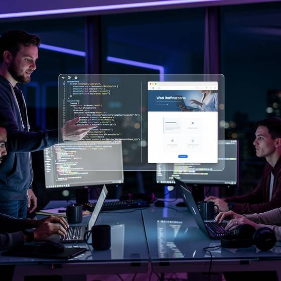 Web developers working on a WordPress website in a modern office, symbolizing digital footprint strengthening.