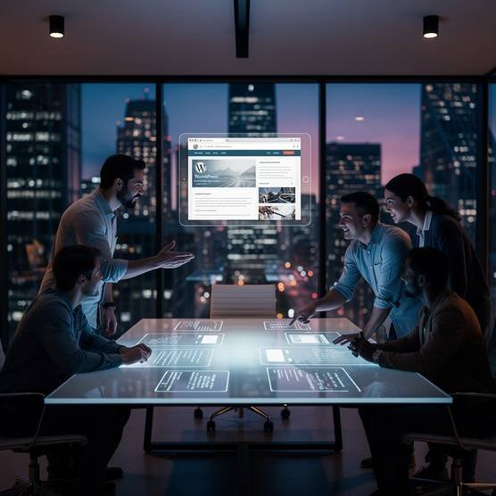 A diverse team of web developers collaborating on a responsive WordPress website design in a modern office with futuristic digital displays, lit with blue and purple light.